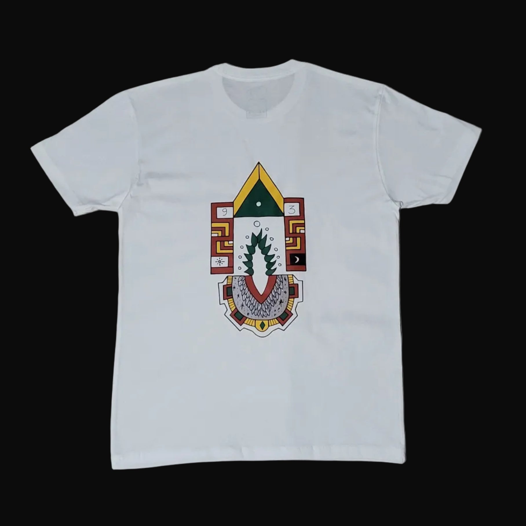 White t-shirt with a colorful graphic design 