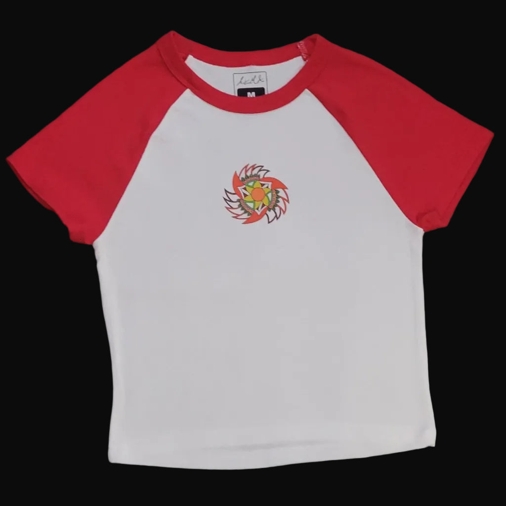 Red and white t-shirt with a colorful graphic on the front.
