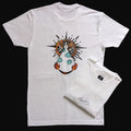 White t-shirt with a colorful design on the back.