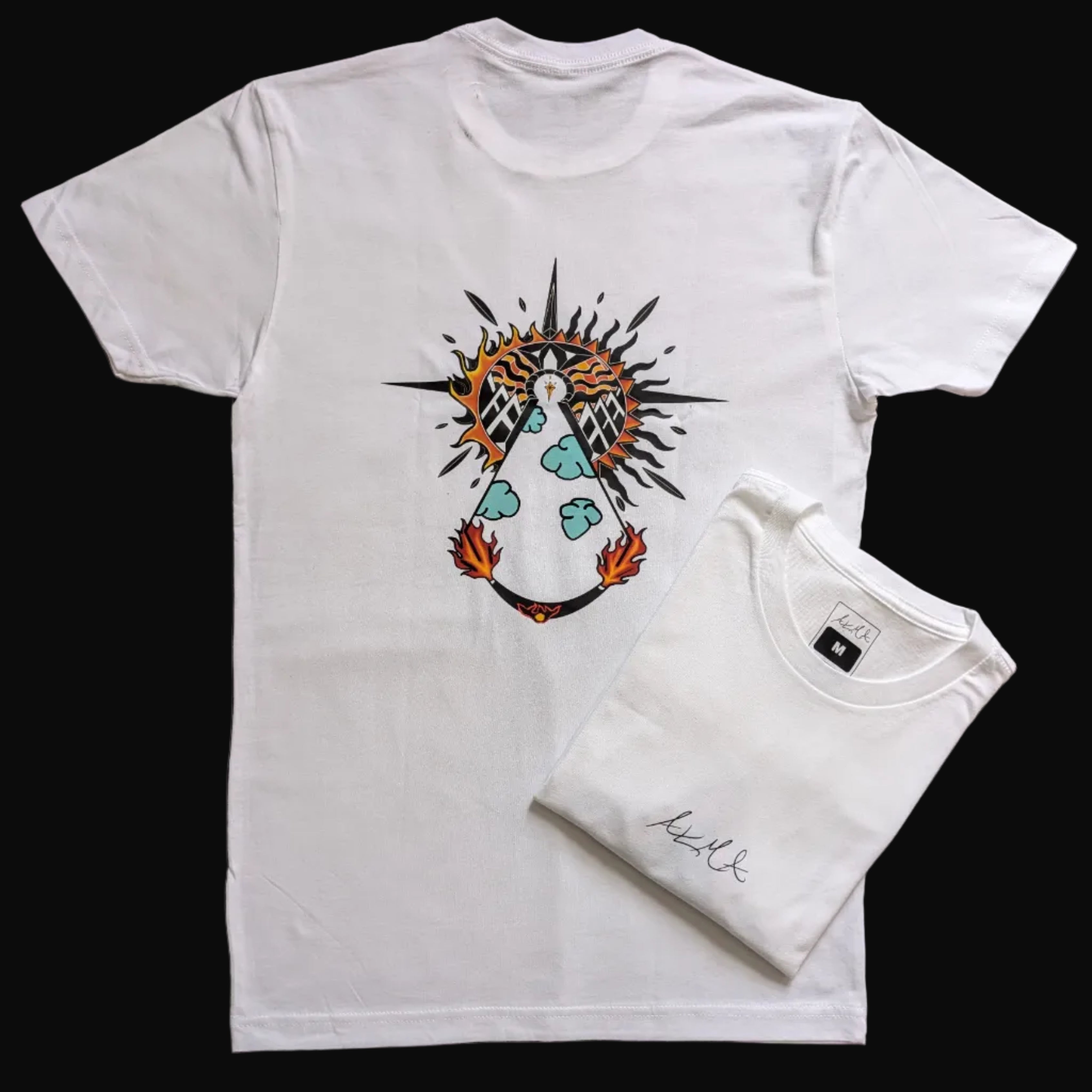 White t-shirt with a colorful design on the back.