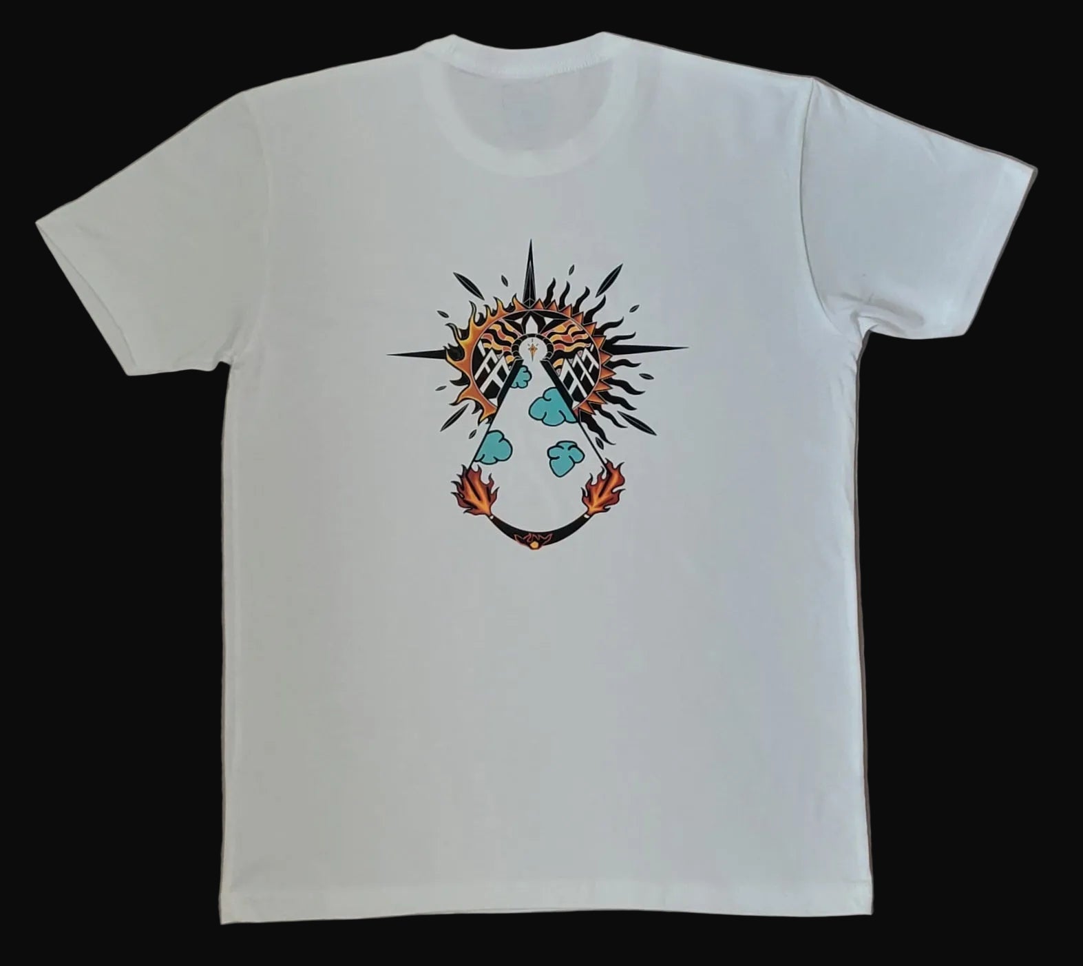 White t-shirt with a colorful graphic design 