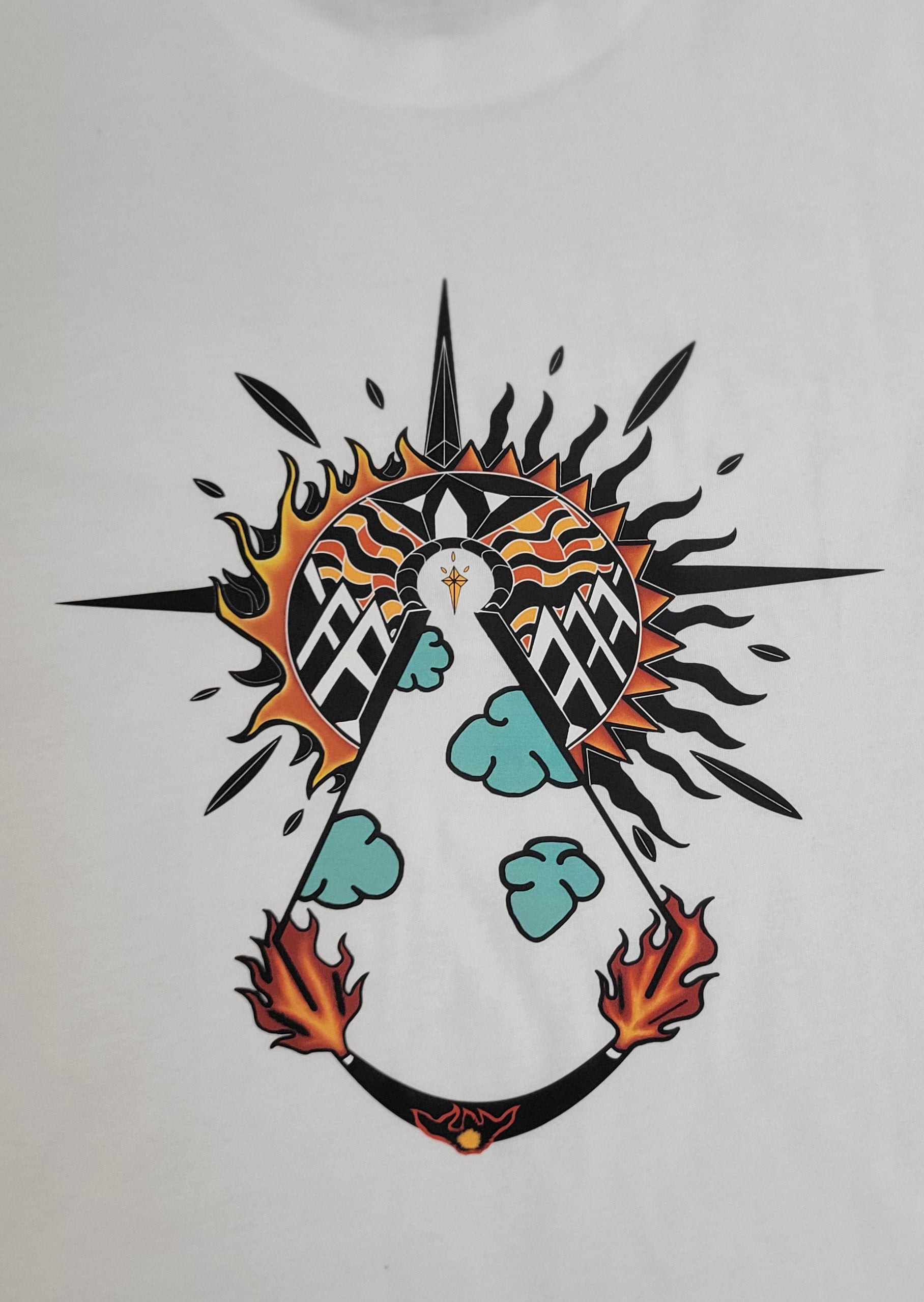 Decorative design with flames, clouds, and a central design on a white background