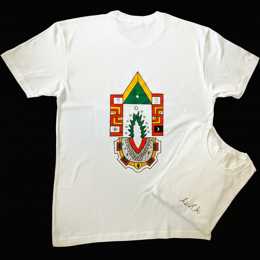 White t-shirt with a colorful graphic design on the back