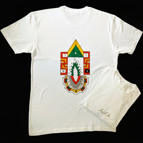 White t-shirt with a colorful graphic design on the back