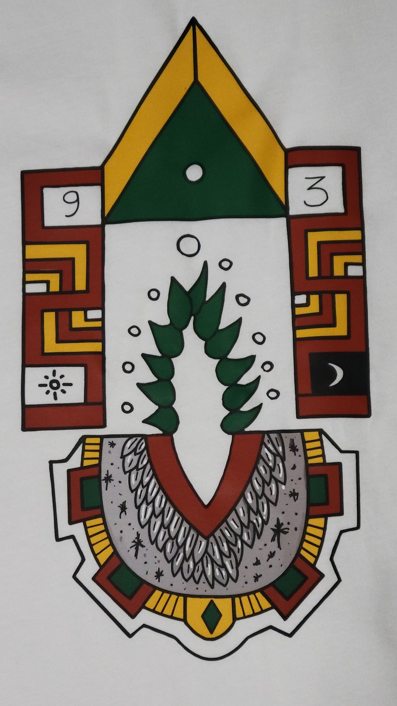 Decorative emblem with geometric patterns and a central design on a white background